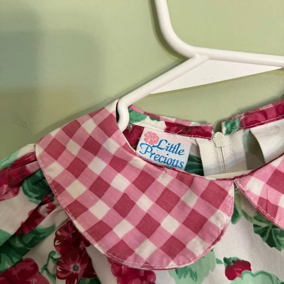 Little Precious Floral and Gingham Puff Sleeve Dress bows vintage size 3T girls - Picture 3 of 13